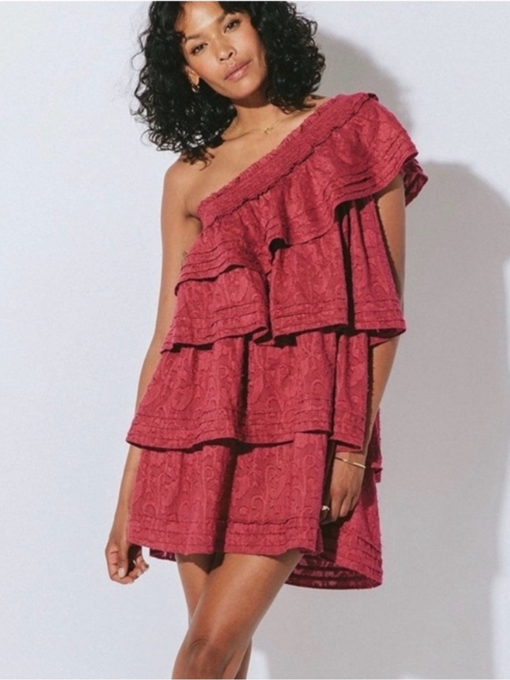 Cleobella One-Shoulder Ruffle Dress in Deep Raspberry